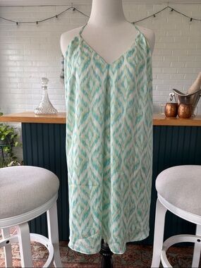 Aakaa Aqua & White Ikat Halter Slip Dress